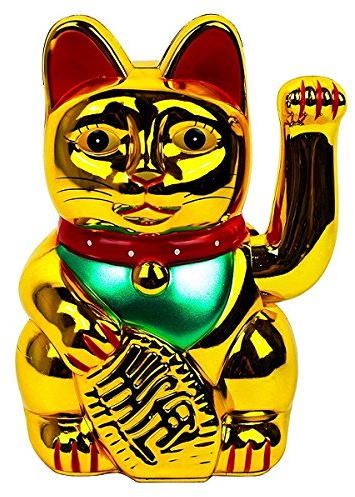 Gold Feng Shui Lucky Fortune Cat Beckoning Waving Wealth Cat Maneki Neko 6 inch Tall