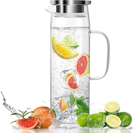 Jarra de Agua de Cristal Con Tapa - 1,5 Litros, Vidrio de Borosilicato, Transparente Y Resistente Al Calor, Para Agua Fría o Caliente, Bebidas DIY, Zumo, Té