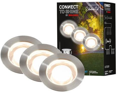 BRILONER - Système de jardin Connect to Shine 12V, lot de 3 spots LED encastrables au sol, kit d'extension, IP67, lumière blanc chaud, éclairage de jardin, spots encastrables au sol, 30x26 mm, argent