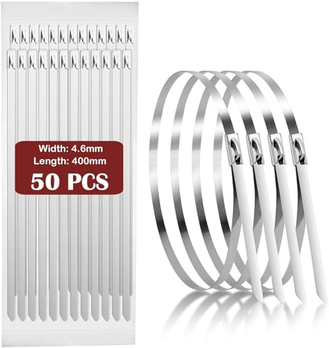 40CM Lang Edelstahl Kabelbinder 50 Stück, Metall Rostfrei 4.6mm Breite Selbstsichernde, Stahl Metallkabelbinder für Kabelmanagement Hitzeschutzband Auspuffrohre