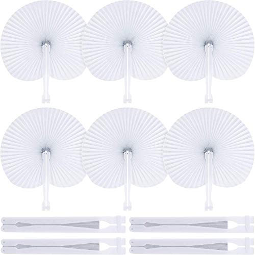 Icelus 12 Pieces Paper Fans,White Bulk Folding Foldable Hand Handheld Fans Wedding Decorations Heart Shaped Accordion Fans with Plastic Fan Handles for Wedding Birthday Guest Party Favors DIY