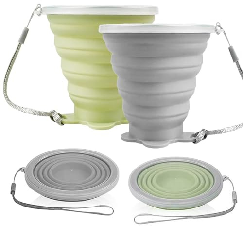 Faltbecher Silikon, 2 Stück Faltbare Becher mit Deckel und Schlüsselband | Umweltfreundlich, für Camping, Reisen, Picknick (Grün, Grau)