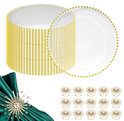 Trimming Shop 100 -Piece Charger Plate and Napkin Ring Set | 50 Gold Bead Acrylic Charger Plates (33cm) & 50 Pearl & Diamante Design Napkin Rings | Reusable Fine Dining Table Decor - Gold
