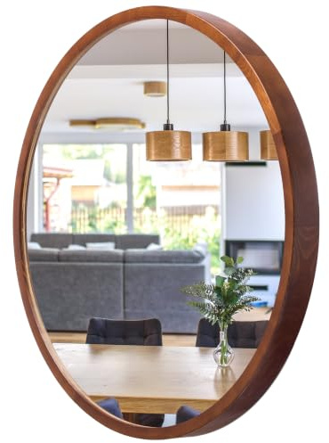 Spiegel Rund Holz Nussbaum - Wandspiegel mit Holzrahmen (∅57 cm) - LEJA | Massivholz, Einfache Montage, EU-Produktion, 4 mm Spiegelglas, Sicherer Metallhaken, Pflegeleicht