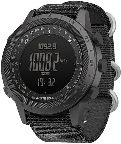 Militär Uhr für Herren mit Kompass Schrittzähler Höhenmesser Barometer Digitale Sportuhr 5ATM Wasserdicht Nylon Armbanduhren Schwarz