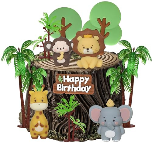 Xsstarmi 12 Pack Jungle Animals Cake Topper 3D Lion Elephant Giraffe Palm Tree Cake Pick Jungle Wild Birthday Cake Decorations for Safari Animals Theme Baby Shower Happy Birthday Party Cake Supplies