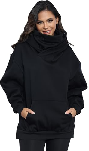 KENAIJING Fleece Sudadera con Capucha para Mujeres y Bufanda Incorporada de Algodón Suave Pullover Oversize Casual Ropa Otoño Invierno（Negro, 4XL）