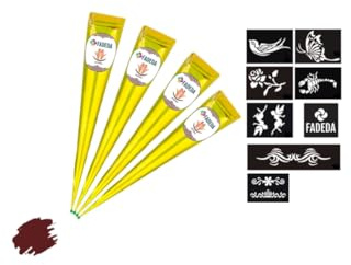 4 coni di henné FADEDA | 4 x 25 g pasta naturale | marrone naturale | 8 diversi stencil per adesivi | 100% vegetale | pronto all'uso e senza PPD