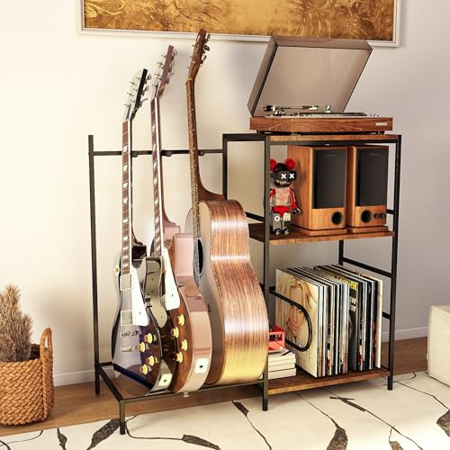 Arbcoler Guitar Stand for Acoustic Multiple Guitars Holder with 3-tier Storage Shelf, Guitars Display Rack Guitar Amp Accessories with Soft-Padded Protect
