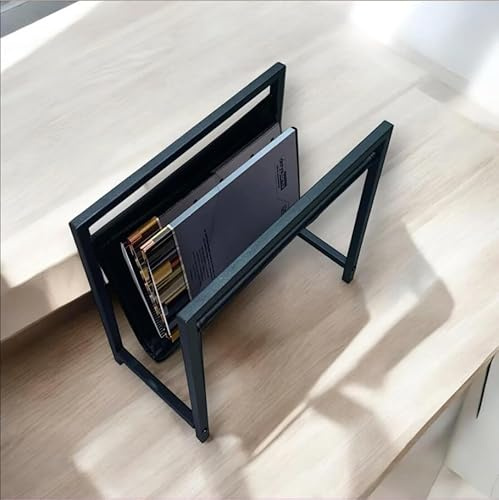 Modern Magazine Rack for Living Room and Office | Freestanding Metal and Leather Magazine Holder | Contemporary Storage Organizer for Books, Newspapers | Minimalist Home and Lounge Decor (Black)