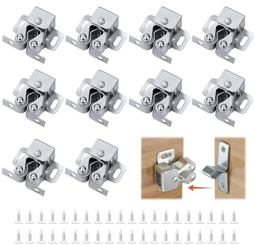10 Pcs Double Roller Cupboard Latch - Caravan Door Catch & Retainer Catch, Twin Roller Door Catch with 40 Screws for Wardrobe, Cabinet, Home Furniture (Silver)