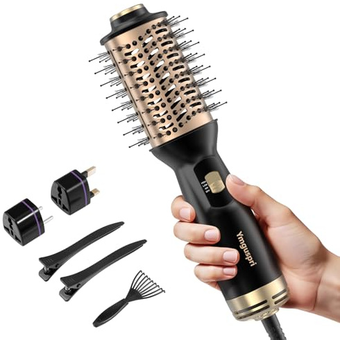 4 in 1 Travel Dual Voltage Hair Dryer Brush, Mini Auto Blow Dryer Brush in one, 2 Inch Hot Air Brush and Styler for Home & Salon, 3 Heat Settings with EU&UK Plug (Gold)