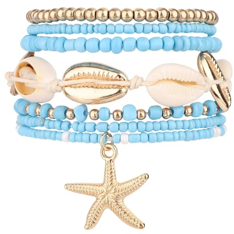 Mikovivi 7stk Sommer Strand Armband, Stapelbar Perlen Seestern-Surfer-Armband-Set Boho Bohemian Schmuckgeschenk für Frauen