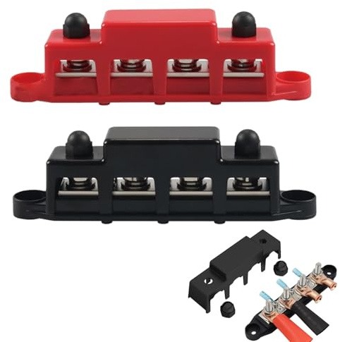 12V-48V DC Ampere Distribution Block Bus Terminal | M10 Stud Terminal with Cover for Cars Motorhomes Ships Yachts and RV (Paired, Red and Black)