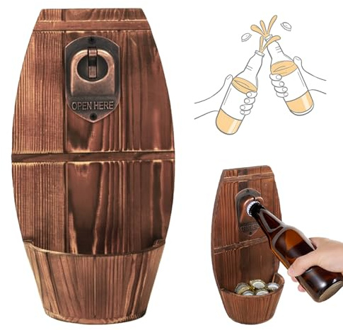 Hengrongshen Abrebotellas de pared, abridor de botellas de madera, abrebotellas con recipiente colector, uso como decoración de bar, decoración del hogar, abrebotellas de pared, para bar, cocina