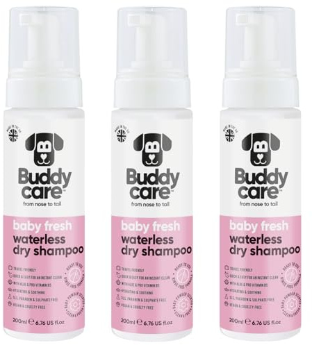 Buddycare Vattenfritt torrschampo för hundar (200 ml x 3) | Baby Fresh hundschampo för känslig hud