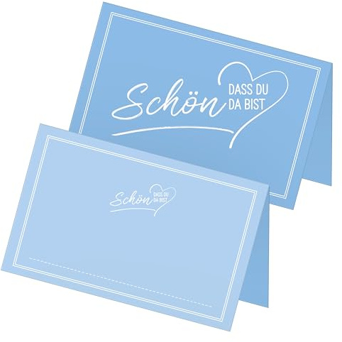 itenga 48x Tischkarten „Schön, DASS du da bist“ V2 – Platzkarten Namensschilder – 9 x 5 cm – ideal für Hochzeit, Taufe, Geburtstag, Feier – 13 Farben verfügbar (hellblau)