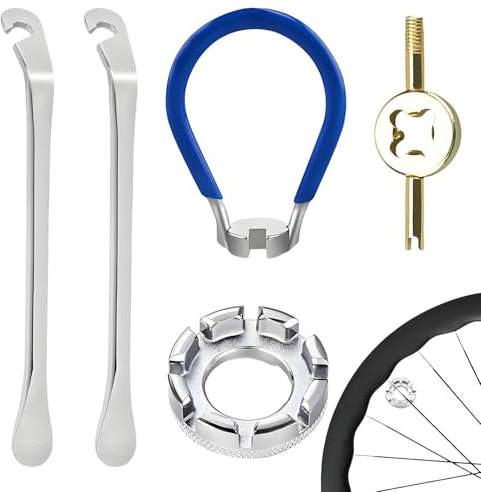 YSHODGU 5 Stück Speichenschlüssel, Speichenspanner, Nippelspanner Fahrrad, Ritzel Entferner Kassette, Sicherungsring Werkzeug Abzieher, Bike Reifenheber, Speichenschlüssel Werkzeuge, für Fahrrad