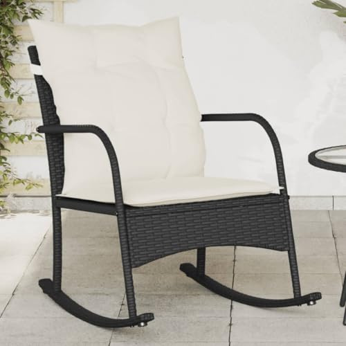 Mecedora de Jardín, Silla Balancín con Cojín de Ratán Sintético, Estructura de Acero, Balanceo Suave y Relajante, Resistente a la Intemperie, Silla Mecedora Exterior,Color Negro, 60 x 87 x 80 cm