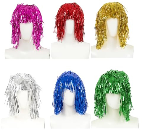 6 Stück Lametta Perücken, Partyhüte, Perückes Lustig, Wig, Halloween Perücke, Grüne Perücke, Perücken für Cosplay, Karneval, Weihnachten (Rot/Lila/Grün/Blau/Gold/Silber)