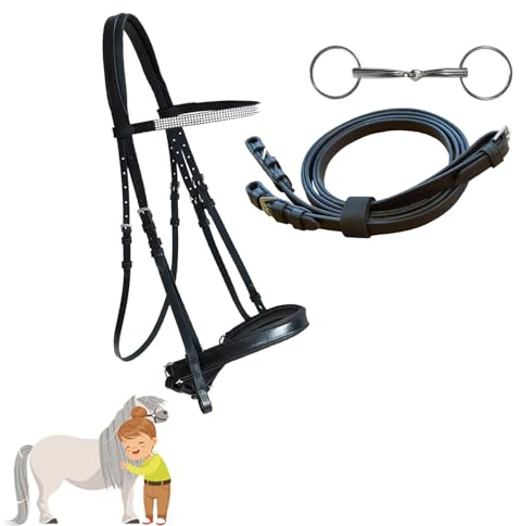 My Sweet Pony Juego de bridas de cuero negro con bridas y riendas para Shetty y caballo de madera