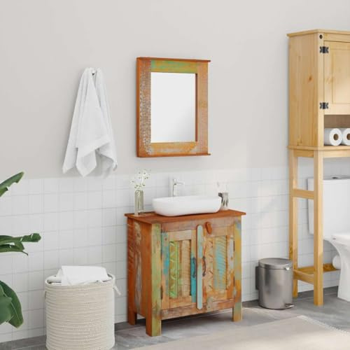 QJBSAVVA Set di mobili da bagno in legno massello con mobiletto lavabo 60 x 30 x 60 cm e specchio 45 x 55 cm multicolore vintage realizzato a mano per bagni piccoli e stretti