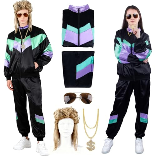 90er L 80er 90er Jahre Outfit Herren Damen mit Vokuhila Perücke, 80er Trainingsanzug Jogginganzug Faschingskostüme Unisex 80s Tracksuit Disco Jacke Hose Anzug Accessoire Bad Taste Mottoparty Karneval