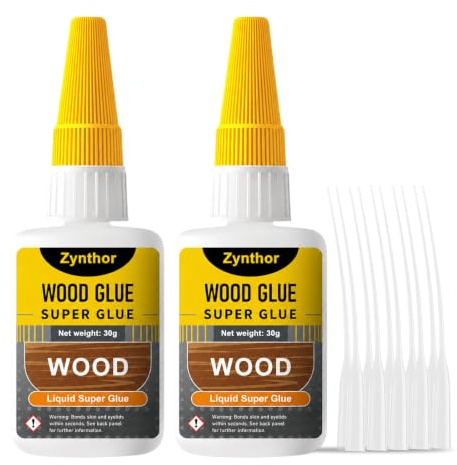 Zynthor Wood Glue 60g(2 x 30g), Extra Strong Super Glue for Wood | Clear Waterproof Adhesive with Anti-Clog Cap and 10 Precision Tips for Woodworking, Furniture Repair and Model Making