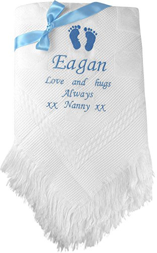 Personalised Gift Message White Baby Shawl Blanket (Blue Embroidery)
