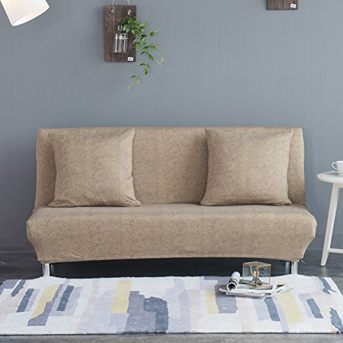 Sofabezug für Klappsofas ohne Armlehnen, mit Leinenmuster, einfarbig, Stretchmaterial, Polyester/Elasthan, khaki, L:195-225CM