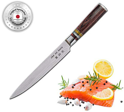 ChaNoHana Couteau Sashimi damassé avec manche décoratif Pakka | VG10 en acier damassé 67 couches | Couteau à fileter pour poisson et viande | Couteau de cuisine | Couteau de chef | Couteau japonais