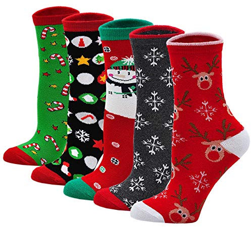 LOFIR Chaussettes de Noël Femmes Fantaisie Chaussettes Bonhomme de Neige, Socquettes Motif à Animaux pour Fille, taille 35-41, 5 paires