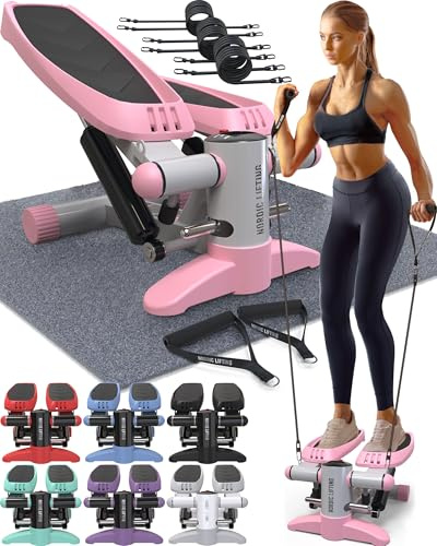 Mini Stepper med 3 par Motståndsband - Kompakt Stegmaskin för Allsidig Step & Aerobic-Träning, Hemma och på Kontoret - Stepmaskin för Cardio, Ben & Mage - Nordic Lifting (Rosa)
