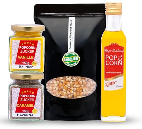 Hopser Food Fun Partyset 500g Popcornmais,250ml Popcornöl mit Butteraroma,150g Popcorn-Zucker Vanille und 150g Karamellzucker Popcornset für Popcornmaschine