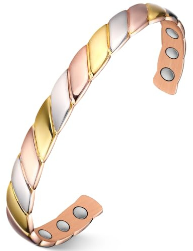 Jeracol Magnetisches Armband für Damen, aus reinem Kupfer, zur Schmerzlinderung, Goldgewebtes Muster, Magnettherapie-Armband mit 6 leistungsstarken Magneten, verstellbare Manschette, Gesundheitswesen