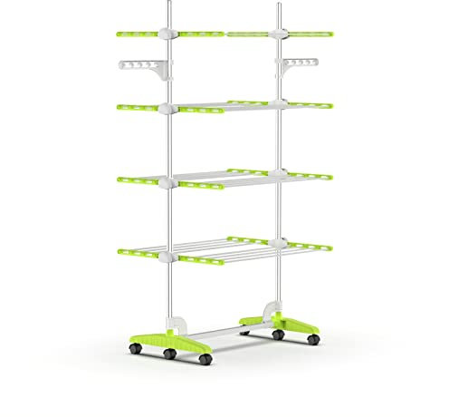 Todeco Wäscheständer Turm Klappbar, Wäscheturm 4 Ebenen aus Edelstahlrohre, Turmtrockner mit 6X Rollen, Flügel, Mobiler Turmwäscheständer für Balkon Wohnzimmer Wäscheraum Badezimmer, Grün