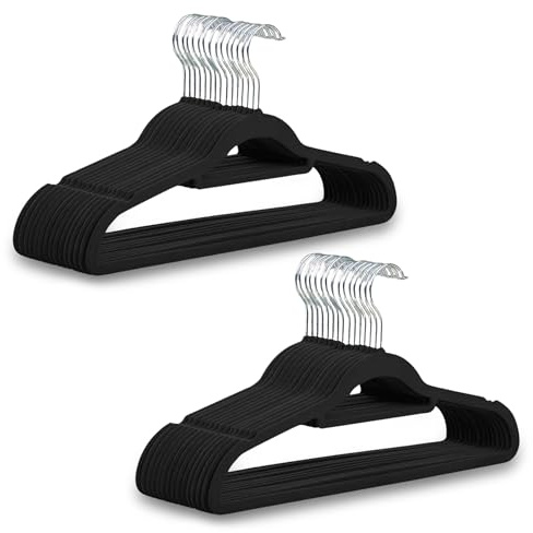 1ABOVE Premium Quality 50 pack Non-Slip Velvet Hangers (44cm) Heavy Duty Velvet Suit Hangers with Tie Bar, 360° Swivel Hooks – Space saving, sturdy to hold Jacket, Jumper & Pullover(Set of 50-BLACK)