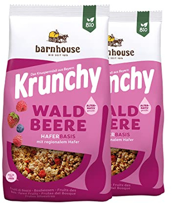 Barnhouse Krunchy Waldbeere alternativ gesüßt, Bio Hafer-Knuspermüsli aus Bayern, nur mit Reissirup gesüßt, mit köstlichen Beeren, 2 x 375 g