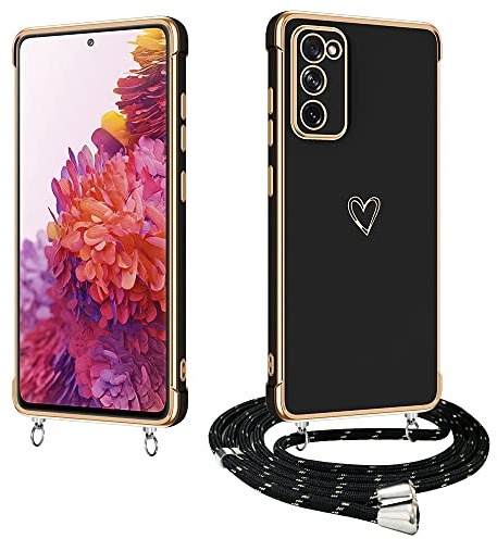 E-Lush Handyhülle für Samsung Galaxy S20 FE Hülle mit Band, Herz Love Muster Galvanik Silikon Handy Hülle für Samsung S20 FE Schutzhülle mit Kordel zum Umhängen Kameraschutz Stoßfeste Case, Schwarz