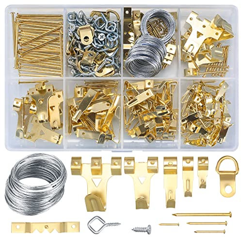 Picture Hanging Kit, 300 PcsPicture Hooks Heavy Duty, Saw Tooth Picture Hangers, pPicture Rail Hooks and Wire, D Rings, Nails for Pictures Frames Photos Mirror Hanging Kit (XKQYX300-053)
