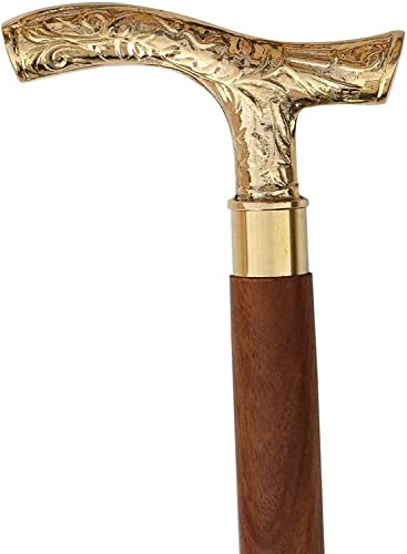 Riyex Bastón Derby para hombre y mujer, bastón de madera para hombre y mujer, mango en forma de T de latón de ébano marrón de 37 pulgadas, mango en forma de T, en tono dorado, madera natural, caña