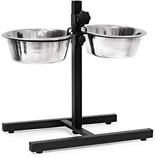 Relaxdays 1 Set Comederos Perros Medianos, 2 Cuencos 1,6 L, Altura Regulable, Acero Inoxidable, Antideslizantes, 42x46x27cm, Plata