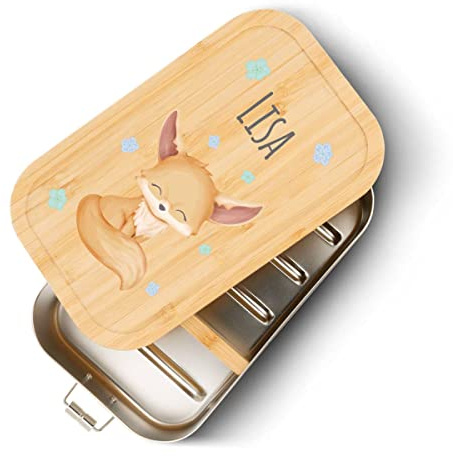 GRAVURZEILE Brotdose aus Weißblech mit bedrucktem Bambusholzdeckel - Lunchbox mit Fuchs Motiv - Personalisiert mit Name - Geschenk für Kinder zum Schulanfang - Größe: Klein