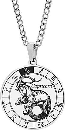 HIJONES Collana con Ciondolo A Forma di Moneta Rotonda della Costellazione Zodiacale da Uomo in Acciaio Inossidabile Collana Amuleto per Donne E Uomini Capricorno