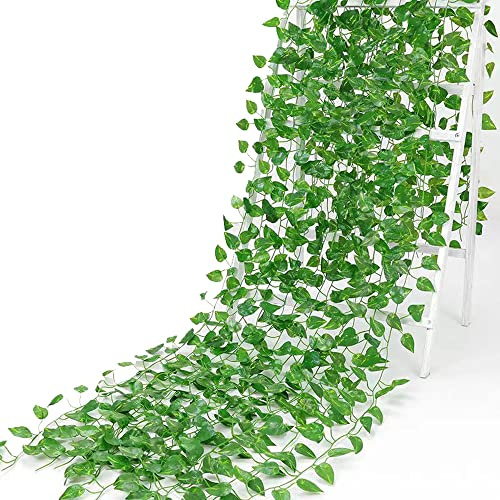 MXDHOKY 12 Stück Efeu Künstlich, Girlande Efeugirlande, Fake Efeu Pflanzen Kunstpflanze, Geeignet für Hochzeit, Küche, Balkon, Garten, Zimmerparty, Wanddekoration（2.1-2.2m）