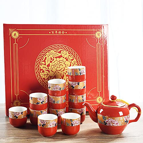 Tee-Set für die Hochzeit Porzellan-Service für Erwachsene Roter König Fu-Tee-Geschirr mit Teekanne, 12 Teetassen und Teeschale Geschenk für Freunde Dekoration