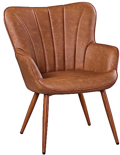Yaheetech Modern Tub Chair, PU Leather Living Room Armchair, Side Vanity Chair with Curved High Back and Thick Soft Padded Seat for Bedroom Makeup Reading Nook, Retro Brown
