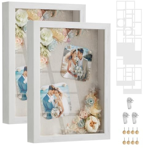SONGMICS Bilderrahmen, 6 Passepartouts, 2er Set Fotorahmen zum Befüllen, 8 Stecknadeln, Collage für Bilder 10,2 x 15,2 cm, 10,2 x 10,2 cm, 3 spurenlose Wandhaken, vintageweiß RPF019W02