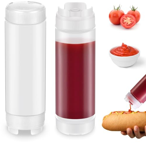 Didaey 2 Pcs 20 oz Inverted Plastic Squeeze Bottles, Refillable Tip Large Valve Dispenser Condiment Squeeze Bottle for Sauces Ketchup Sour Cream Self Sealing Syrup Dispenser for Restaurants (White)