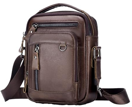 pundarika Bolso de hombro pequeño de cuero genuino para hombre bolsas de hombre para hombre bolso cruzado, bolsa de mensajero correa de hombro ajustable.marrón oscuro